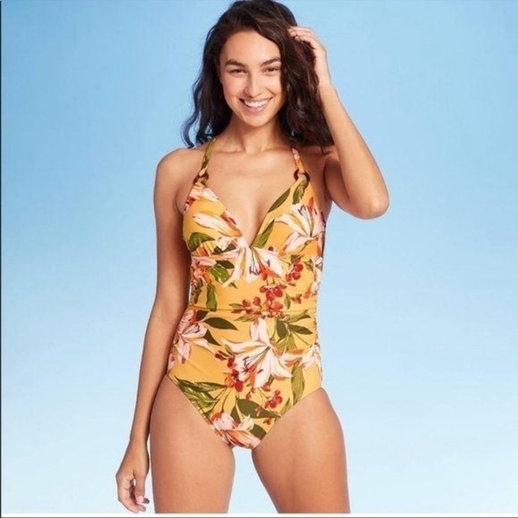 Kona Sol Other - Kona Sol Yellow Floral V-Neck One-Piece Swimsuit